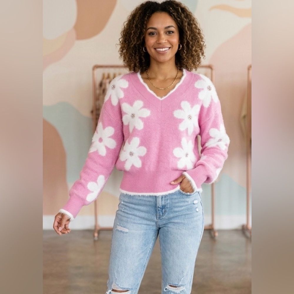 L Massimo Boutique Pink Fuzzy Flower Sweater Rhinestone Embellished V-Neck Large